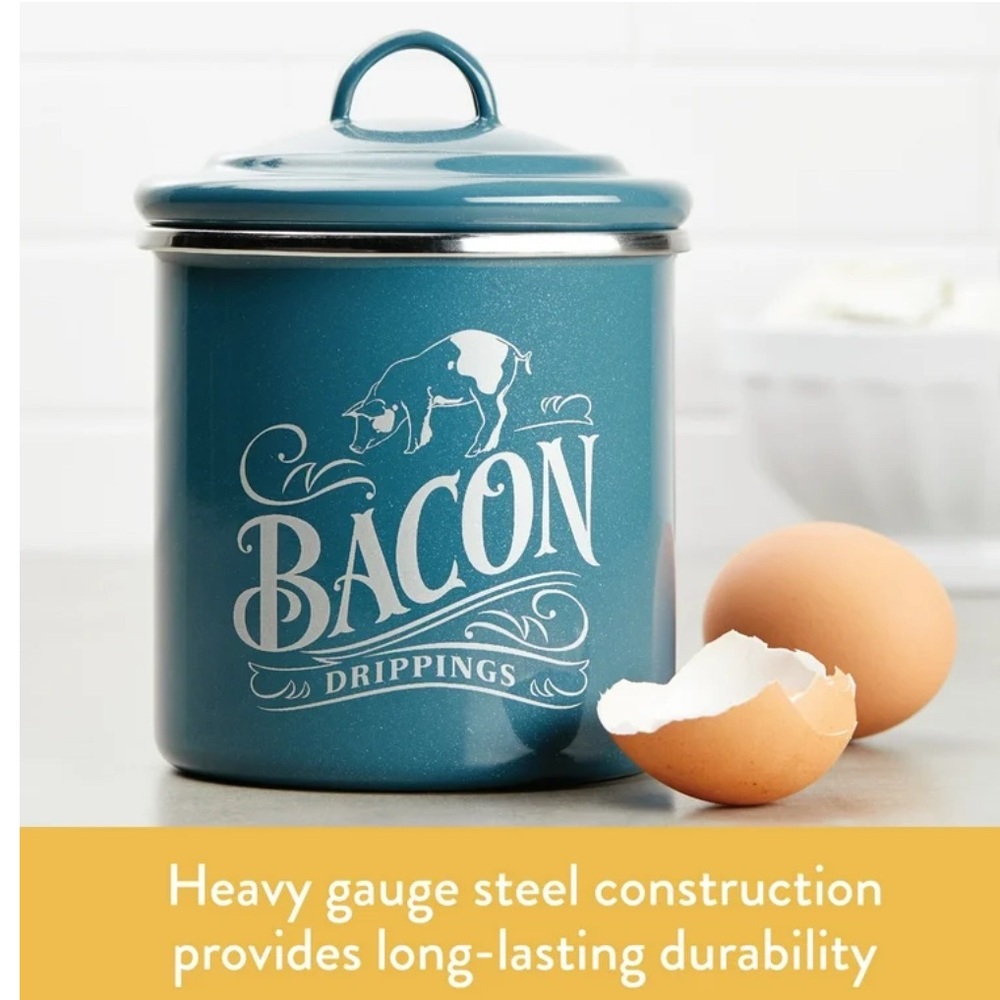 Ayesha Curry Bacon Grease Can, Teal silver pig Drippings Canister NEW kitchen